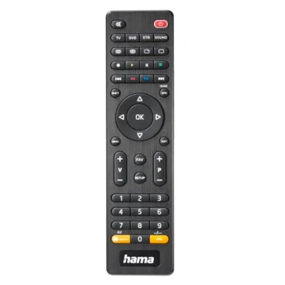 Abbildung von Hama Universalfernbedienung TV, für 4 Geräte (Infrarot, smarte Taste, 10m Reichweite, ideal z.B. DVD Player, Videorekorder, Receiver, Set Top Boxen, vorprogrammiert) schwarz