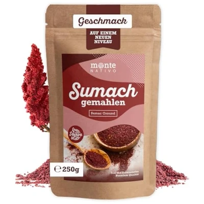 Abbildung von Sumach Gewürz gemahlen (250g) Monte Nativo Hochwertig &amp; Vegan Sumak zum Kochen Glutenfreies Backen und Türkische Gewürze Orientalische Küche