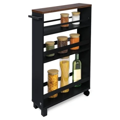 Abbildung von bomoe Nischenregal 15cm breit Küchenwagen Küchenregal Schmal Rollwagen 3 Fächer &amp; Arbeitsplatte Nischenschrank Küche Bad Büro Bathroom Cart Nischenwagen Schwarz Braun 79x50 cm Hylla