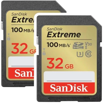 Abbildung von SanDisk Extreme SDHC UHS I Speicherkarte 2er Pack 32 GB (V30, 100 MB/s Übertragung, U3, 4K UHD Videos, wasserdicht, stoßfest, temperaturbeständig)
