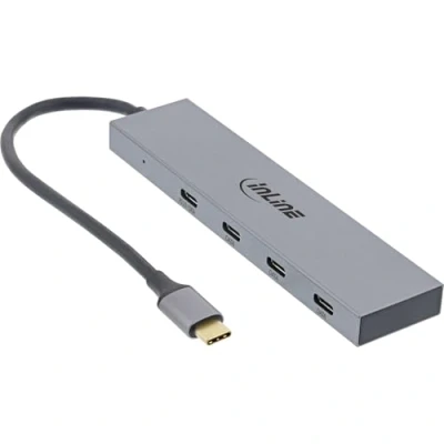 Abbildung von InLine® USB 3.2 Gen.2 Hub (10Gb/s), Typ C zu 4 Port (1 Power Through bis 100W), OTG, Aluminiumgehäuse, grau, ohne Netzteil