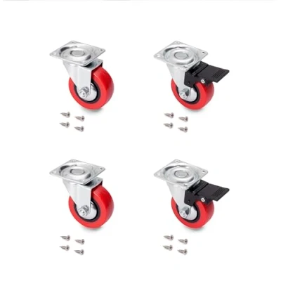Abbildung von Emuca Rollen Kit Red mit montierter Platte, Rote Räder Ø50mm, 2 Bremse und ohne Bremse, Stahl Kunststoff
