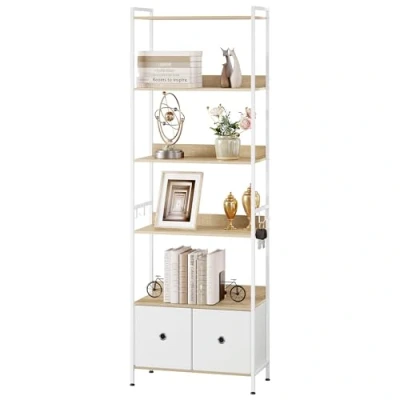 Abbildung von WOLTU Standregal, Bücherregal mit 5 Ablagen 2 Schubladen, stehendes Regal für Wohnzimmer Küche Arbeitszimmer Schlafzimmer, Metallrahmen, 63x187x30 cm, helle Eiche + Weiß, RGB62whe
