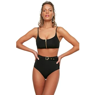 Abbildung von TRENDYOL Damen High Waist Curved Six Bikini Bottoms, Schwarz, 34 EU