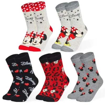 Abbildung von Disney Bunte Socken, 5er Pack Damen Socken mit Beliebten Charakteren, Weiche und Atmungsaktive Schuhe, Niedlich Lustige für Teens Frauen, Multicoloured Minnie Mouse