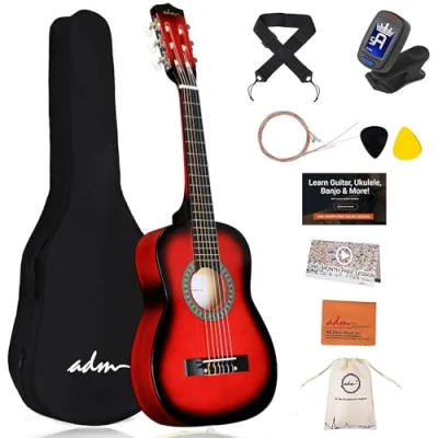Abbildung von ADM 1/4 Kinder Konzertgitarren Set, 76,2 cm, Junior Gitarren Set für Anfänger mit Gigbag, Stimmgerät, Gurt, Plektren, extra Saiten, Aufbewahrungstasche und Reinigungstuch (rot)