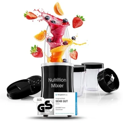 Abbildung von GOURMETmaxx Standmixer Smoothie Maker &amp; 11tlg. Set 1000W 22.000 U/min, 1000 W, Elektrischer Mixer 700ml, Blender inkl. To Go Becher 2 Klingen