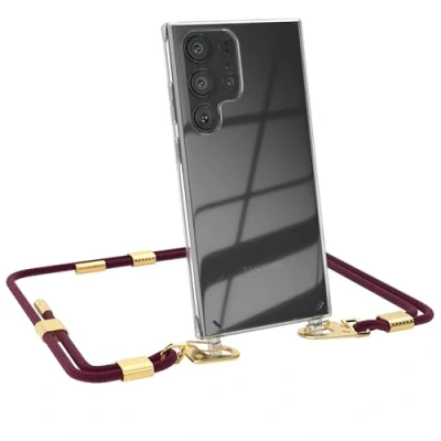 Abbildung von EAZY CASE kombinierbare Handyketten kompatibel mit Samsung Galaxy S23 Ultra, Transparente Silikon Hülle stylischen rundem Umhängeband, Abnehmbarer Karabiner, zum Umhängen, Beere Clips Gold