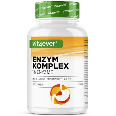 Abbildung von Verdauungsenzyme 180 Kapseln Mit 16 Enzyme plus Betain HCL, Rutin &amp; Enzianwurzel Bromelain, Papain, Amylase, Lipase, Protease, Laktase Vegan Hochdosiert
