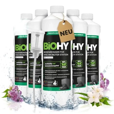 Abbildung von BiOHY Bodenreiniger für Wischroboter Station mit Frühlingsduft (6 x 1 Liter) + Dosierer Reinigungsmittel Konzentrat alle Wisch &amp; Saugroboter Nass Funktion Schaumarm Streifenfrei