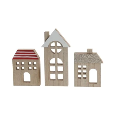 Abbildung von Spetebo Holz Dorf zum dekorieren 3er Set Natur Weihnachts Stadt Häuser Holzhaus Winter Deko Figur Aufsteller Tischdeko Weihnachtsdeko
