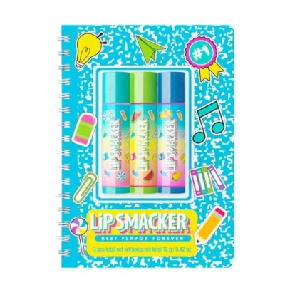 Abbildung von Lip Smacker, Back to School Collection, Spiral Notebook Balm Trio, 3 teiliges Lippenbalsam Set für Kinder mit Niedlichem Notizbuch, Lippenpflege in Leckeren Geschmacksrichtungen, Blau