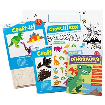 Abbildung von Baker Ross CBS009 Dinosaurier Kunst und Bastelset, für Kinder, zwei lustige kreative Kits, Aufkleber ein Aktivitätsbuch Jungen Mädchen
