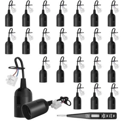 Abbildung von 24 Stücke Fassung E27 Renovierfassung Lampenfassung Baustellenfassung E27+VDE Spannungsprüfer, Baufassung mit Kabel,Schwarze