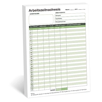 Abbildung von BIROYAL Zeiterfassung, Arbeitszeitnachweis Block A4, monatliche Stundenzettel für 31 Tage pro Blatt, Stundenbuch Arbeit, vorgedruckte Arbeitszeiterfassung Kleinbetriebe, Stundennachweis