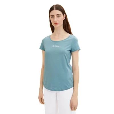 Abbildung von TOM TAILOR Damen 1036192 Basic T Shirt mit Schriftzug, 30838 Tourmaline, M