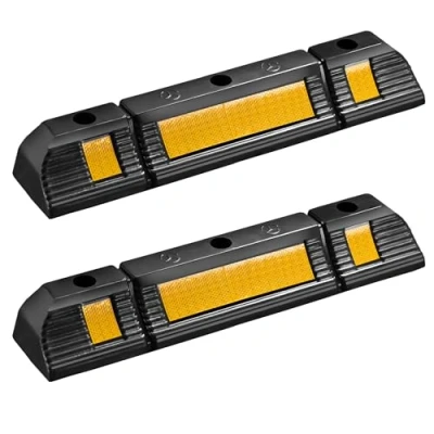Abbildung von Wiltec Radstopper 60 x 12 8 cm, 2x Einparkhilfe aus Gummi, Parkplatzbegrenzung mit gelben Reflexionsstreifen &amp; Schraubrillen, Parkplatzsperre für Garage