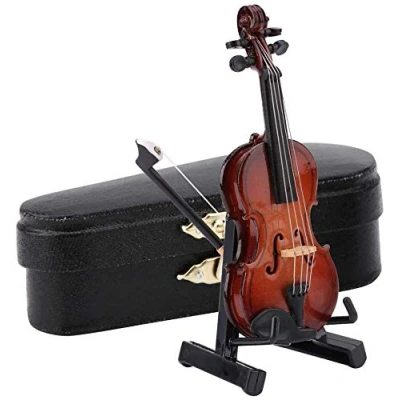 Abbildung von 8cm Höhe Mini Miniatur Violine Holzinstrument Modell mit Ständer, Bogen und Geschenkbox Musikinstrument Puppenhaus Hauptdekoration