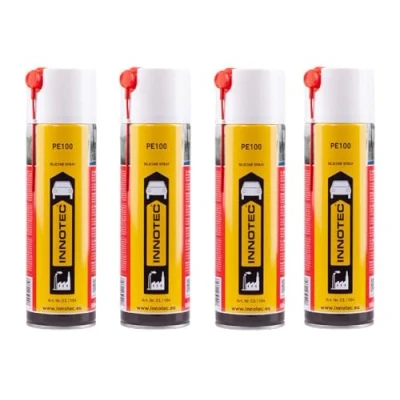 Abbildung von 4 Stück Innotec Silikonspray PE100 Schmiermittel schmiert, pflegt und schützt langanhaltend Gummi , Kunststoff Holz Metallteile Servicespray Beseitigt Knarr Quietschgeräusche