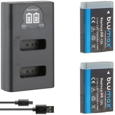 Abbildung von 2X Blumax Akku + USB Slim Dual Ladegerät ersetzt Canon NB 13L NB13L mit InfoCHIP! / 1250mAh kompatibel PowerShot SX620 SX720 SX730 SX740 G1 X Mark III G5 G7 G9 und