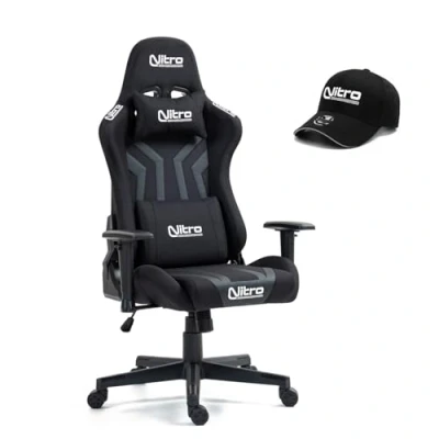 Abbildung von Nitro Ergonomischer Gaming Stuhl, Bürostuhl aus Stoff und Kunstleder, verstellbarer Stuhl mit Lendenkissen, Kopfstütze, Armlehnen, Hut inklusive, Flyco Pro Schreibtischstuhl (grau/schwarz)