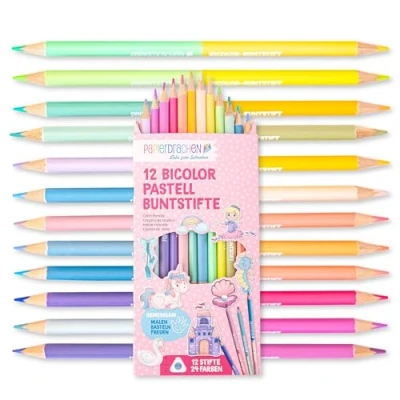 Abbildung von Papierdrachen 12 Bicolor Buntstifte 24 satte Farben Set Holz sechskant bruchsicher Schule Kindergarten Malen Kinder Pastelltöne