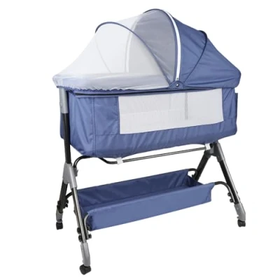 Abbildung von HUOLE 3 in 1 Beistellbett &amp; Babywiege Reisebett, 4 stufig Höhenverstellbares Babybett, neigbar, Kinderbett, Stubenwagen für Babys bis 25kg belastbar 104 x 52 100110 cm Marineblau