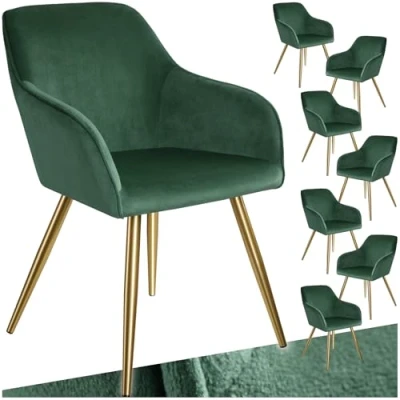 Abbildung von tectake® Esszimmerstühle mit Armlehne, Stuhl, Samt Polster Stühle, Möbel für Esstisch, Schminktisch, Wohnzimmer, Esszimmer, Arbeitszimmer, ergonomischer Dining Chair dunkelgrün/Gold, 8er Set