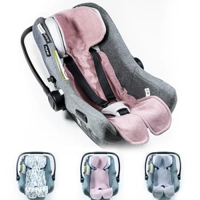 Abbildung von Atmungsaktive Sitzauflage für Babyschale Kinderautositz Kinderwagen Antischwitz, universal Gruppe 0+ (0 13kg) I (9 18kg) (LEINEN_ROSA)