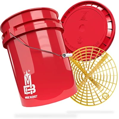 Abbildung von MAGIC BUCKET Auto Handwäsche Bundle Wascheimer Mit passendem Eimer Deckel 5 US GALLONEN ca. 20 Liter Grit Guard Eimereinsatz Schmutzsieb Waschset Rot/Gelb