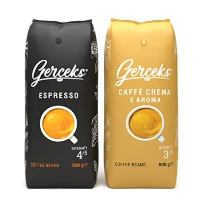 Abbildung von GERCEKS Kaffeebohnen Probierset 1kg, Espresso Kaffee &amp; Caffe Crema, Espressobohnen kräftig und schokoladig, Barista Bohnenkaffee mit wenig Säure, Arabica Robusta, mittlere Röstung, 2x 500g Pack