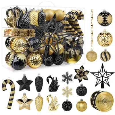 Abbildung von Alupssuc 128 Teiliges Weihnachtskugel Ornament Set, Bruchsichere Christbaumschmuckkugeln, Weihnachtsblumen, Bänder, Baumspitze für Weihnachtsbaum, Feiertage, Hochzeitsfeiern mit Haken, Schwarz &amp; Gold