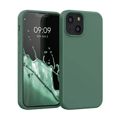 Abbildung von kwmobile Hülle kompatibel mit Apple iPhone 13 Mini gummierte TPU Silikon Handyhülle Schutzhülle für kabelloses Laden Case in Tannengrün