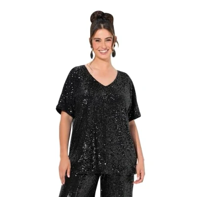 Abbildung von Ulla Popken À Paillettes COL EN V ET Manches Courtes Bluse, Damen, Größe: 42/44, Black