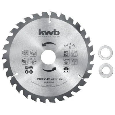 Abbildung von kwb Kreissägeblatt Ø 190 x 30 mm (Hartmetall bestückt, positive Zahnstellung, für Handkreissägen, Baukreissägen, Tischkreissägen, geeignet Holz und Plattenmaterial)
