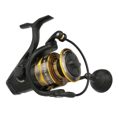 Abbildung von PENN Battle® IV Spinnrolle, Salzwasser Angler, Angelköder und Köder, Barsch, Pollack, Dorsch, Makrele, Falsch, Aluminiumspule, robust, beidhändig verwendbar, 5000 Rolle, Größe 5,6:1, Schwarz, Gold