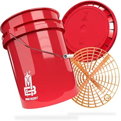 Abbildung von MAGIC BUCKET Auto Handwäsche Bundle Wascheimer Mit passendem Eimer Deckel 5 US GALLONEN ca. 20 Liter Grit Guard Eimereinsatz Schmutzsieb Waschset Rot/Orange