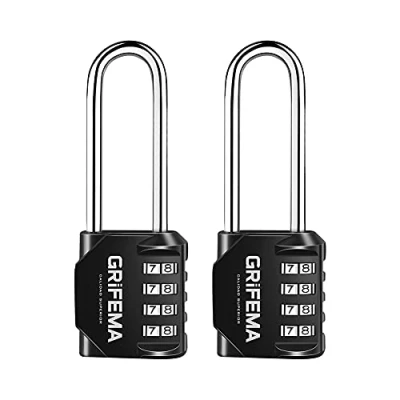 Abbildung von GRIFEMA 2 Pack Zahlenschloss 4 Stellig mit Langer Bügel Vorhängeschloss Wetterfest Frostsicher, Schloss Zahlencode Zinklegierung Robust, Sicher, Schlösser für Spind, Garage, Tor, Schule, Koffer