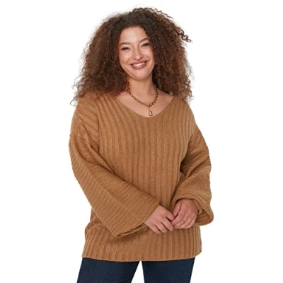 Abbildung von Trendyol Damen Pullover mit V Ausschnitt, einfarbig, entspannt, Übergröße Sweatshirt, Nerzfarben, 52