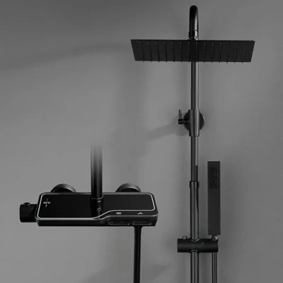 Abbildung von Görbach Edelstahl Duschset mit Duscharmatur Komplettset Regendusche Duschsystem Thermostat,Überkopfbrause,Handbrause,Duschstange Matt Schwarz (2525MB)