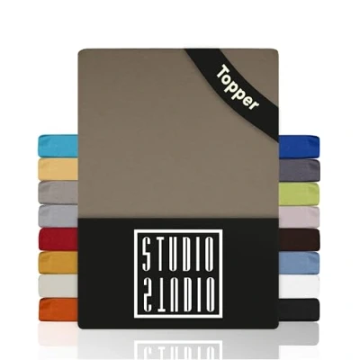 Abbildung von STUDIO Spannbettlaken Basic Topper, viele Größen, 100% Baumwolle, OEKO TEX 100, Jersey, Gummizug: rundum, (1 Stück), 90x200 cm Topper Spannbetttuch bis 14 Höhe Taupe