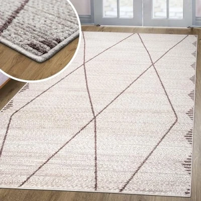 Abbildung von oKu Tex Teppich Wohnzimmer Harmonia Wohnzimmerteppich modernes Rautenmotiv Boho Design Hoch Tief Effekt Beige 80 x 150 cm