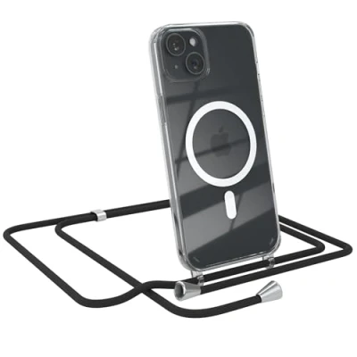 Abbildung von EAZY CASE Handykette kompatibel mit iPhone 15 Plus Kette zum Umhängen Stoßfest Handyhülle für Silikon Hülle Band Handytasche Transparent als Fallschutz in Schwarz Clips Silber