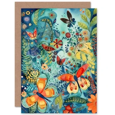 Abbildung von Artery8 Butterfy Insects in Flower Field Modern Folk Art Nature Birthday Sealed Greeting Card Plus Envelope Blank inside