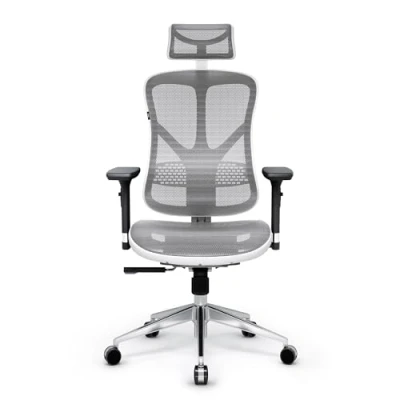 Abbildung von Diablo V Basic Bürostuhl Ergonomisch Schreibtischstuhl Drehstuhl mit integrierter Lendenwirbelstütze 3D Armlehnen Verstellbare Kopfstütze Wippfunktion Höhenverstellbar (weiß/grau)