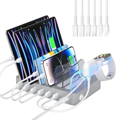 Abbildung von SooPii USB Ladestation Organizer für mehrere Geräte, 6 Ports 50W mit Kabeln und aktualisierte i Watch Ladegerät Halterung enthalten, Telefone,Tablets andere Elektronik, Silber