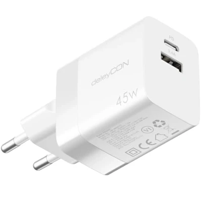 Abbildung von deleyCON Ladegerät USB A und C (2 Port Kompaktes 45W Schnellladegerät) Netzteil für iPhone 16/15/14/13 Galaxy S24/S23 Pixel Handy iPad Tablet MacBook Laptop Notebook Charger Weiß