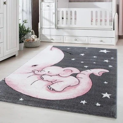 Abbildung von Carpetsale24 Kinderteppich niedliches Elefant Muster Grau und Pink 80 x 150 cm Läufer Kurzflor Teppich Kinderzimmer für Junge Mädchen Pflegeleicht Waschbar Spielteppich Babyzimmer Babyteppich