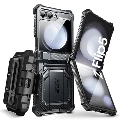 Abbildung von i Blason Armorbox Series für Samsung Galaxy Z Flip 5 Hülle (2023) mit integriertem Displayschutz, Ständer und Gürtelclip, Robust Handyhülle Scharnierschutz Bumper Case (Schwarz)