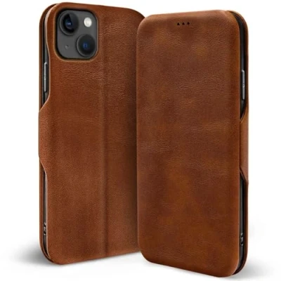 Abbildung von Verco Handyhülle für iPhone 13 Mini, Bookstyle Premium Handy Flip Cover Apple Mini Hülle [integr. Magnet] Book Case Tasche, Braun